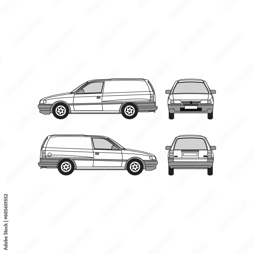 Fototapeta premium van outline, year 1992, isolated white background, front, back, top and side view.