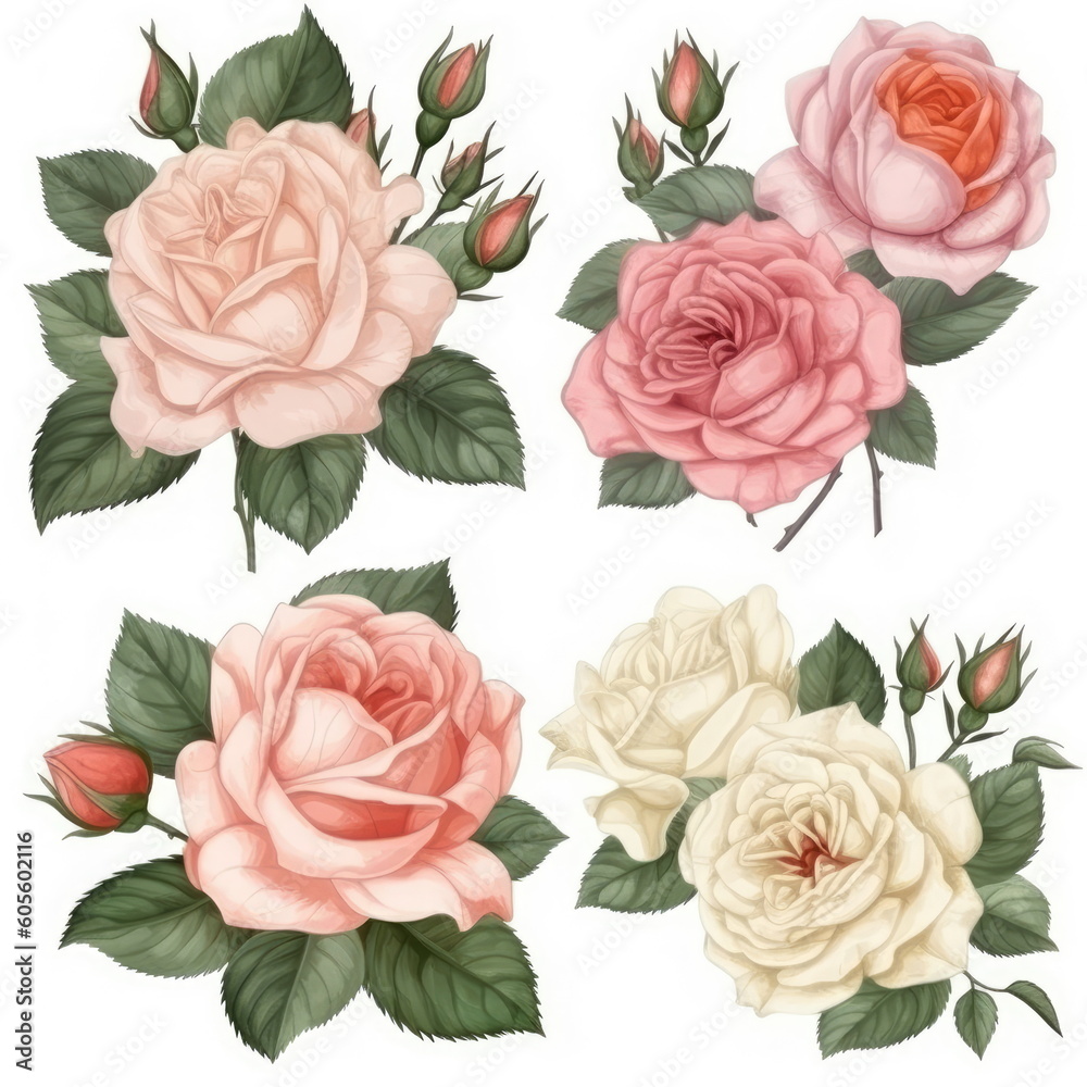 Set of rose with leaves on white background