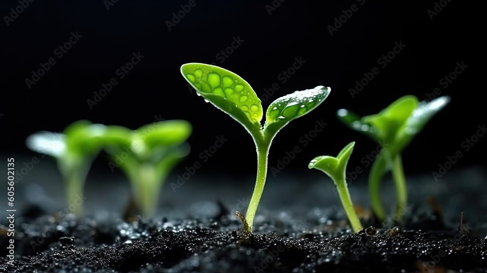 Green, fresh shoots grow from the soil. Generative AI. Green, fresh shoots grow from the soil. Generative AI.