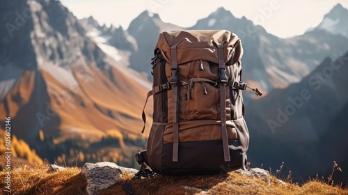 Tourist backpack on the background of nature and mountains. Generative AI.