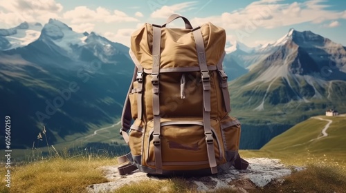 Tourist backpack on the background of nature and mountains. Generative AI.
