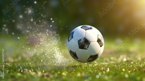  A soccer ball with splashes of water flies to the gate. Background with soccer ball on the field. Generative AI