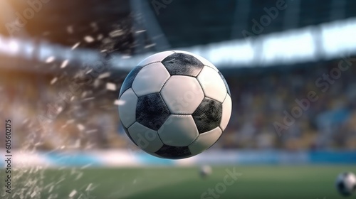 A soccer ball with splashes of water flies to the gate. Background with soccer ball on the field. Generative AI © Gulnaz