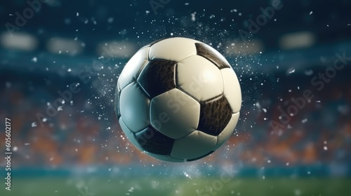  A soccer ball with splashes of water flies to the gate. Background with soccer ball on the field. Generative AI