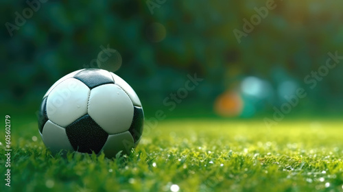 Soccer ball on the lawn. Background with a soccer ball on a green field. Generative AI © Gulnaz