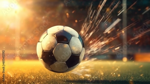  A soccer ball with splashes of water flies to the gate. Background with soccer ball on the field. Generative AI © Gulnaz