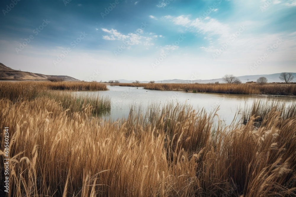 Eber Lake and reeds in Afyonkarahisar, Turkey. Generative AI