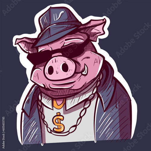 Digital art of a big boss pig in a denim detective uniform and a gold chain. Farm animal in a policeman costume and sunglasses.