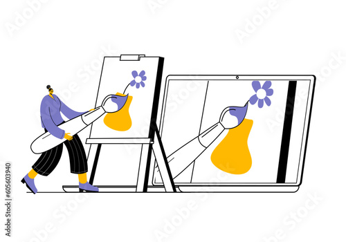 A girl watches a master class on a computer and draws with a huge brush on an easel. Vector illustration on the topic of online drawing training.