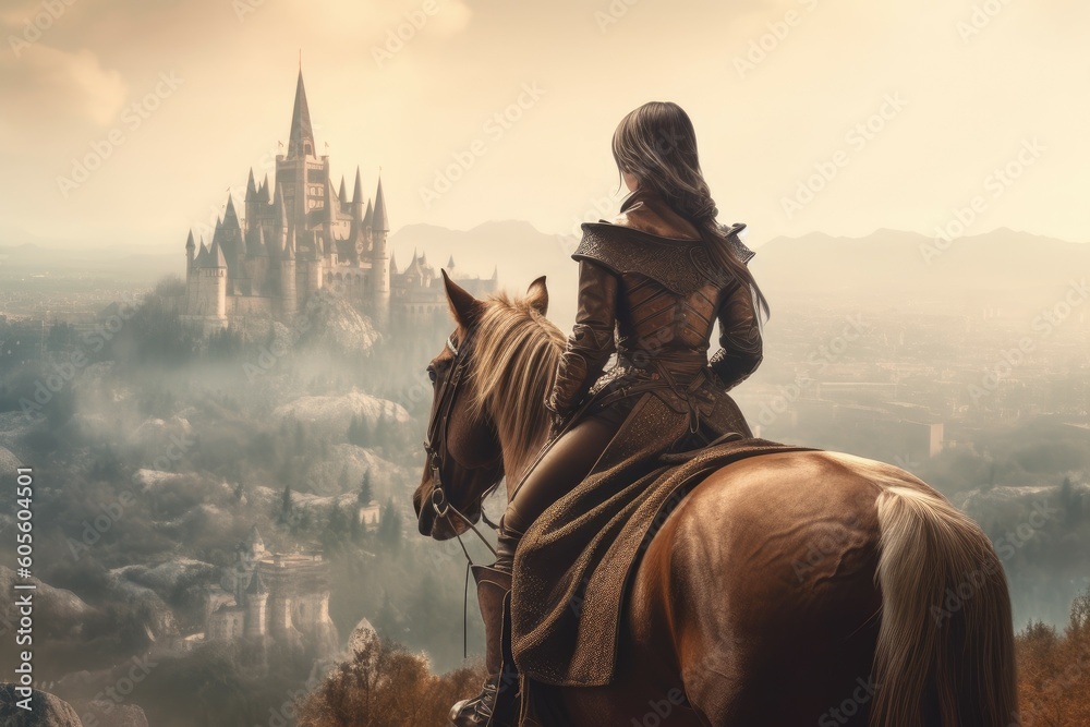 Medieval knight woman. Generate Ai - obrazy, fototapety, plakaty 