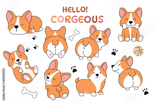 Corgi set. Funny puppies, and other design elements - bone, footprint and boll. Different poses - dog is  running, sitting , back view .Vector