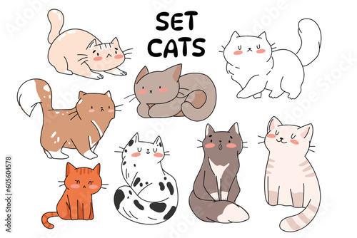 Cute and funny cats doodle vector set. Cartoon cat or kitten characters design collection with flat color in different poses. Set of purebred pet animals isolated on white background.