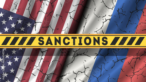 Vector political and economic poster. Wavy USA and Russia flags with cracks. Large yellow ribbon with the inscription, sanctions.