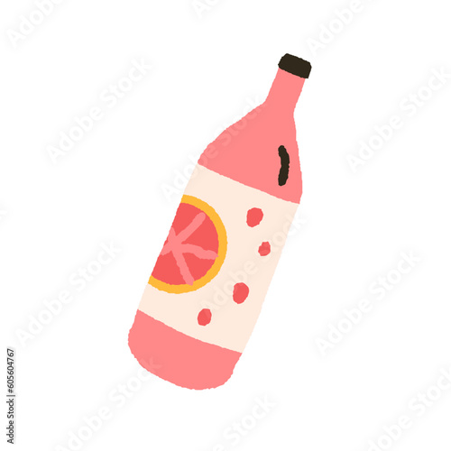 Cold drink in glass bottle. Fruit flavored lemonade, natural citrus beverage, cool refreshment. Organic juice, cocktail, soda liquid. Flat graphic vector illustration isolated on white background