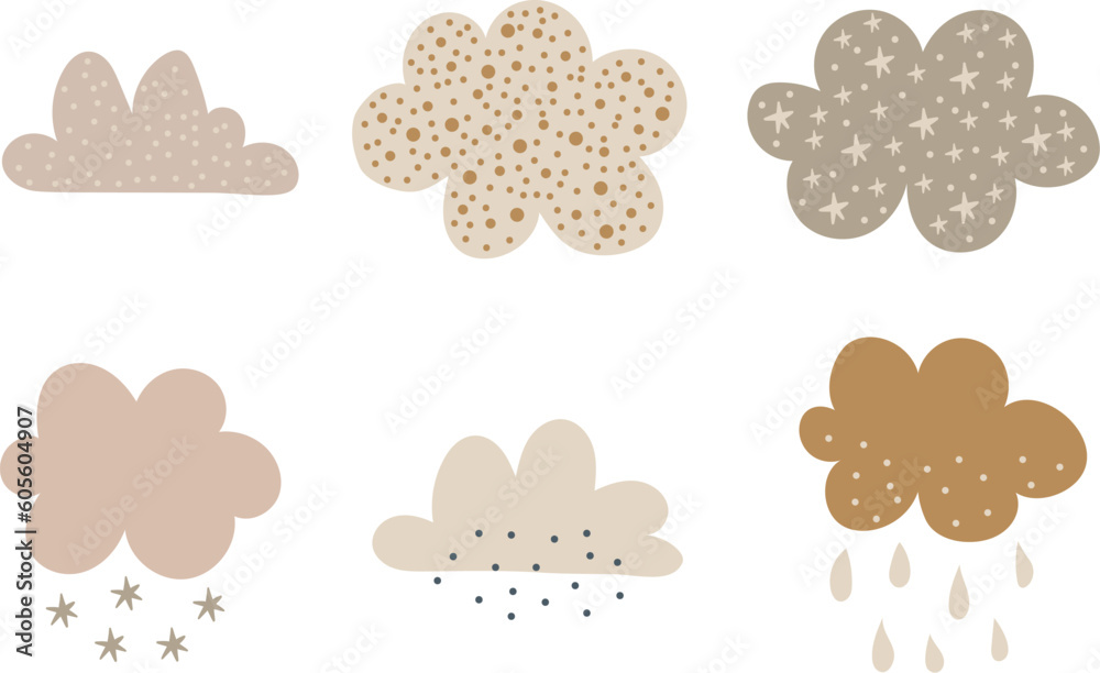 Fototapeta premium Boho neutral clouds, vector illustration for design, print, pattern, isolated on white background