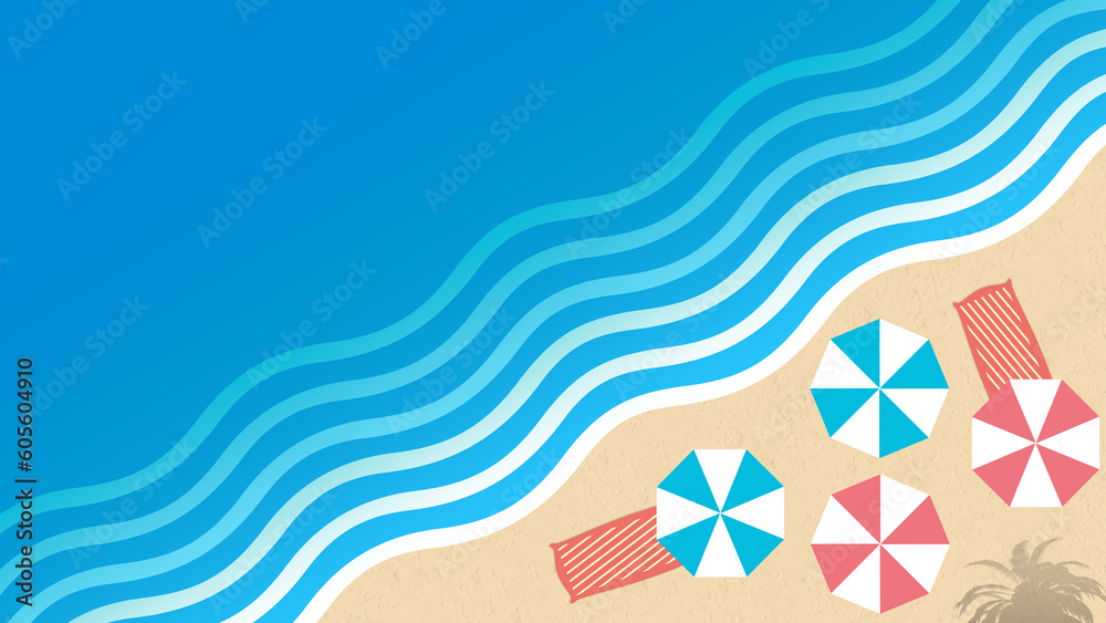海と砂浜の上に並ぶビーチパラソルの背景イラスト