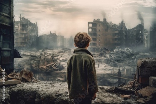 Military child ruined city. Generate Ai