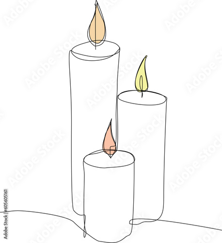 Burning aroma candles one line art vector illustration. Continuous line drawing of comfort theme and romance. Warm and calm atmosphere.