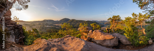 Panorama of Dahn Rockland in Early Morming Atmosphere, Dahner Felsenland, Rhineland-Palatinate, Germany, Europe