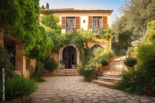 mediterrenean house exterior with garden and greenery in the foreground, created with generative ai photo