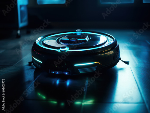 Robotic vacuum cleaner cleaning the floor in the living room. Cleaning service concept. Created with Generative AI technology.
