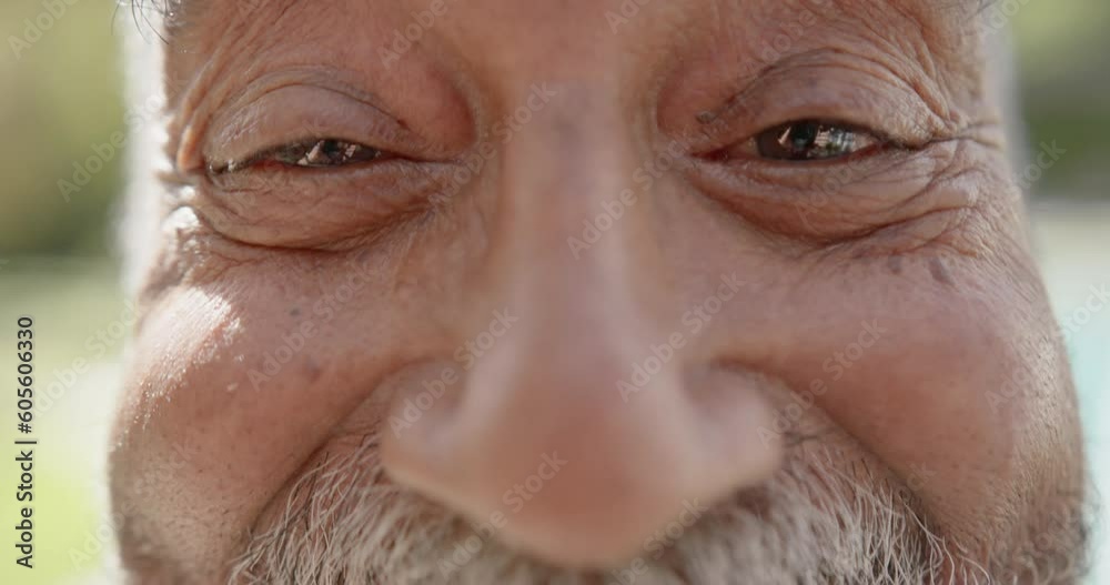 Portrait of happy senior biracial man looking at camera and smiling in garden, slow motion Portrait of happy senior biracial man looking at camera and smiling in garden, slow motion
