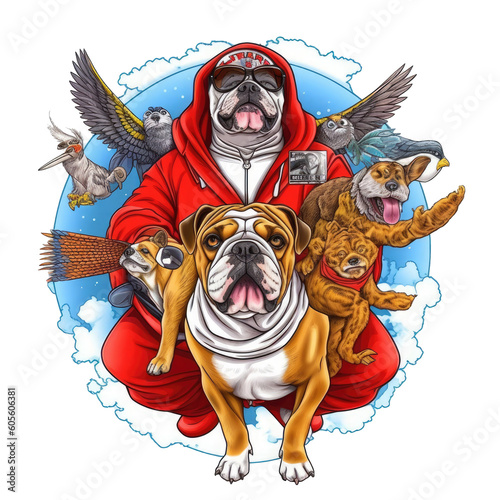 A Veterinarian English Bulldog t-shirt design, featuring a bulldog wearing a red cape and a mask, flying in the sky, with a cat and a dog in its arms, Generative Ai