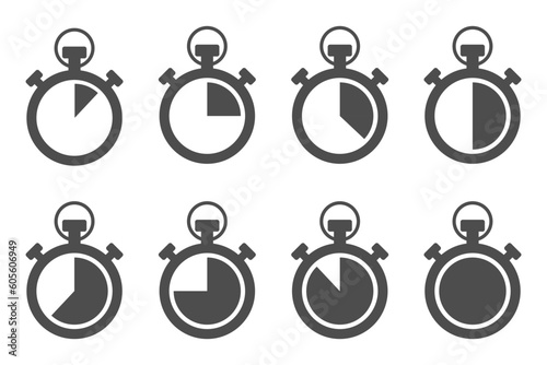 Stopwatch isolated set icons with different time. Countdown timer symbol icon set.