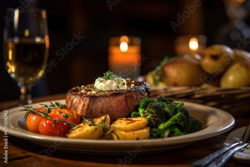 Gourmet Meal Plated Elegantly on Rustic Wooden Table, High-End Food Photography, Delicious Meal, Fine Dining - Generative AI