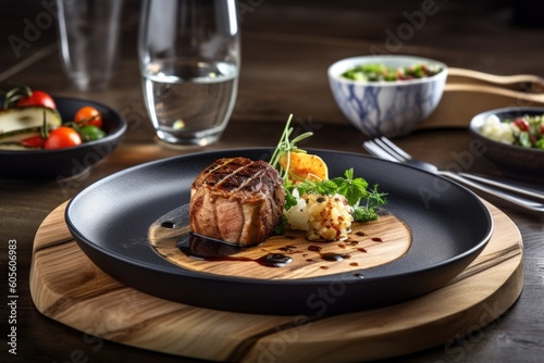Gourmet Meal Plated Elegantly on Rustic Wooden Table, High-End Food Photography, Delicious Meal, Fine Dining - Generative AI