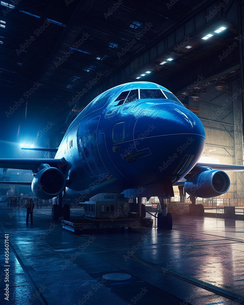 Fototapeta premium Modern passenger airliner in the hangar. Big plane in hangar. Generative AI.