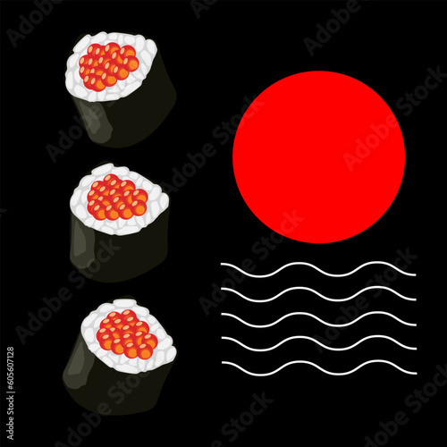 Realistic fresh sushi design concept. Black and red vector illustration of sushi.