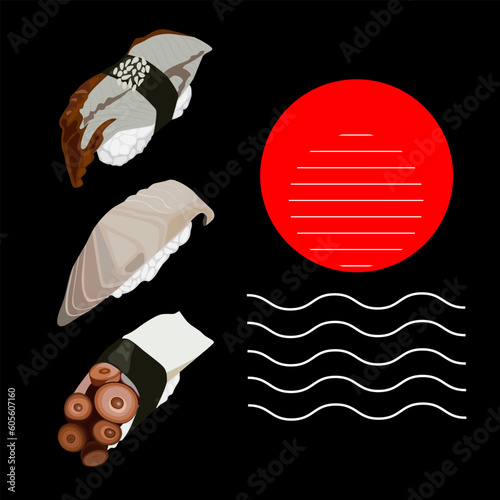 Realistic fresh sushi design concept. Black and red vector illustration of sushi.