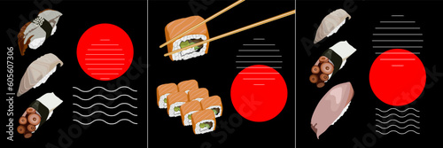Realistic fresh sushi design concept with isolated vector illustration.