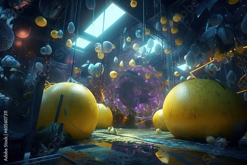 cyberpunk lemon land futuristic landscape lemon themed party