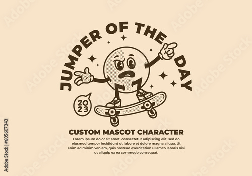Mascot character design of ball head playing skateboard