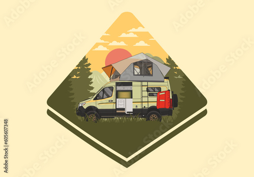 Large van with roof tent illustration design
