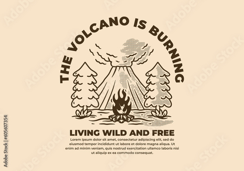 Vintage illustration of volcano, pine trees and bonfire