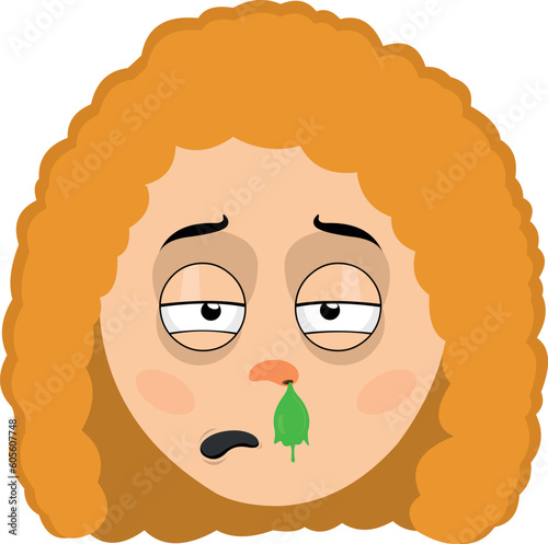 vector illustration face of a red haired woman cartoon cold with a mucus in the nose