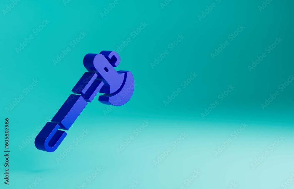 Blue Wooden axe icon isolated on blue background. Lumberjack axe. Minimalism concept. 3D render illustration Blue Wooden axe icon isolated on blue background. Lumberjack axe. Minimalism concept. 3D render illustration