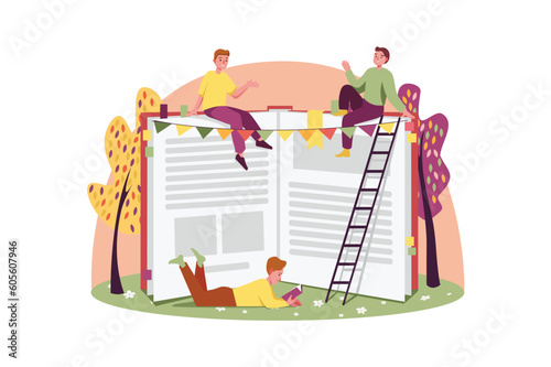 Concept Book festival with people scene in the flat cartoon design. A group of friends read an interesting book at a book festival. Vector illustration.