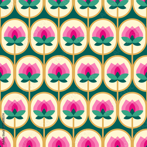 Retro luxury geometric flower and leaf seamless pattern background