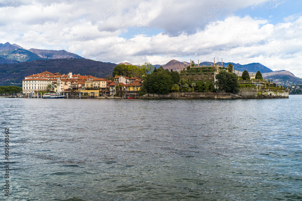 islands on Lake Maggiore surrounded by mountains on a cloudy day