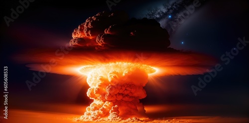 Huge nuclear explosion. Powerful blast with a mushroom cloud on the horizon. World War 3. Panoramic background of nuclear apocalypse. Generative AI