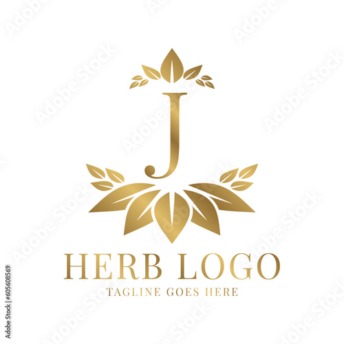 letter J herbal leaves initial vector logo design