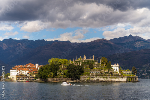 islands on Lake Maggiore surrounded by mountains on a cloudy day