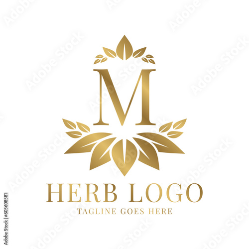 letter M herbal leaves initial vector logo design