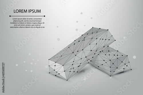 Abstract image of a fine gold bar consisting of points, lines, and shapes and broken a part triangle. Polygonal wireframe mesh on night sky with dots and stars. Banking vector illustration