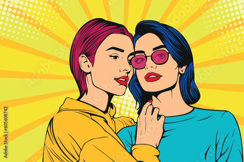 Lesbian couple hugging and kissing. Pride girls love vector illustration in pop art retro comic style.