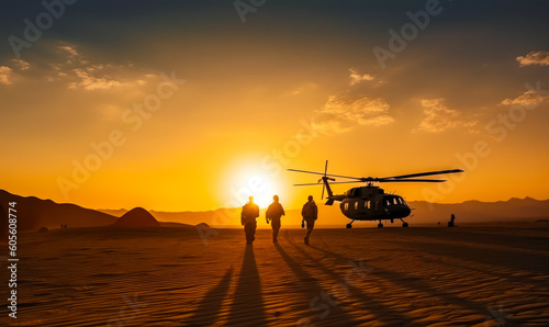Three soldiers going to the helicopter landed in the desert. Military men and machinery at sunset light. Generative AI.